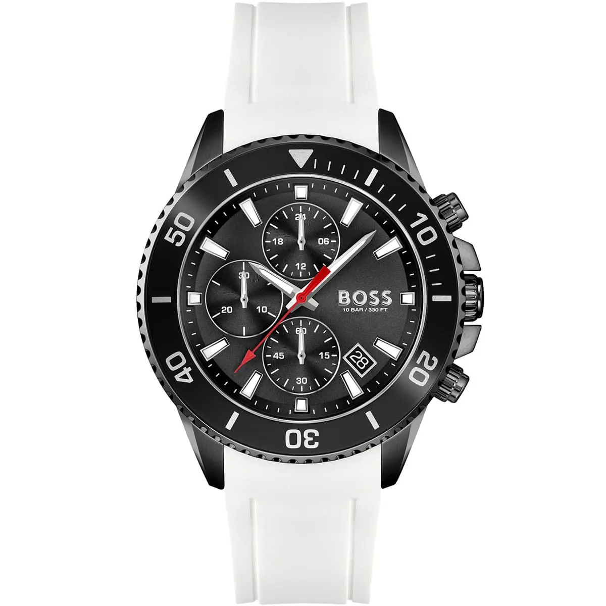 1513966-hugo-boss-watch-men-black-dial-rubber-white-strap-quartz-battery-analog-chronograph-10bar-330ft-admiral Montre Hugo Boss 1513966 Admiral – Image 1
